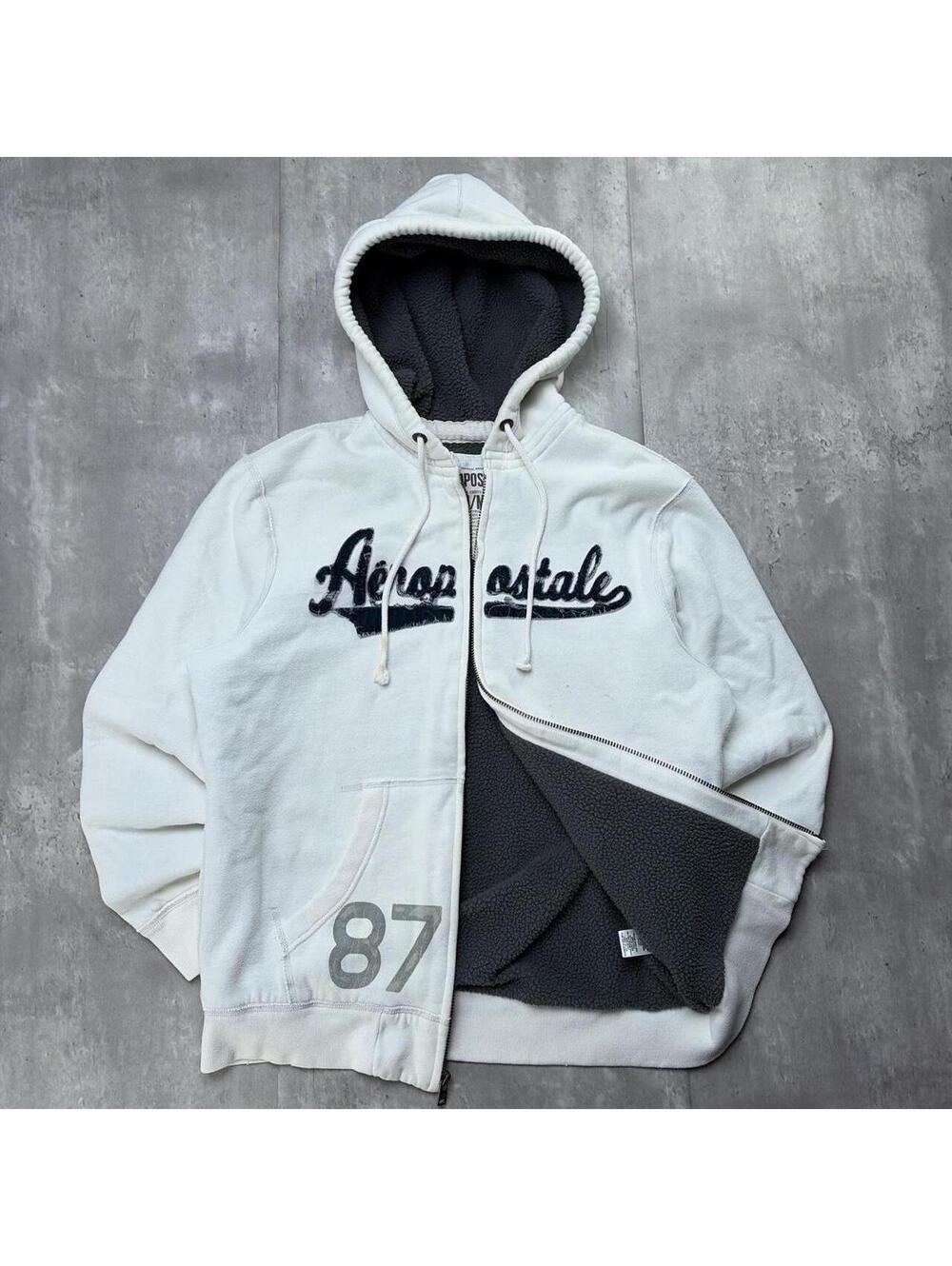 Y2K White Aeropostale Grunge Sherpa Lined Heavyweight Zip Up Hoodie